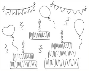 Cakes with candles, balloons, garlands of flags, streamers. Vector illustration of a birthday set in the style of line art. An isolated illustration of the attributes for the celebration.