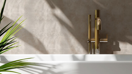 Close up white ceramic bathtub with brass shower head, faucet, green palm tree in sunlight, leaf...