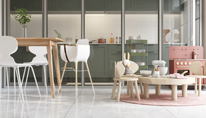 Glass aluminium frame partition between sage green modern design kitchen cabinet, cupboard and dining room with wooden toy table, chair, sink on marble tile floor in sunlight from window for family 3D
