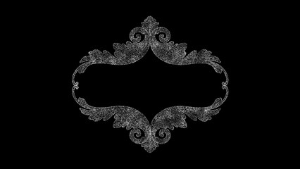 3D floral pattern frame on black background. Object dissolved white flickering particles. Science concept. Abstract bg for title, presentation. Holographic screensaver. 3D animation