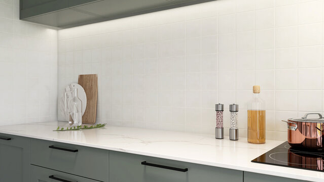 Clean black space white marble kitchen counter, sage green cabinet, cupboard, induction cooktop, square white tile splashback wall for interior design, cooking, kitchenware product background 3D