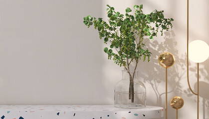 Blank white, colorful terrazzo counter table, tree leaf bouquet in glass vase, gold floor lamp in...