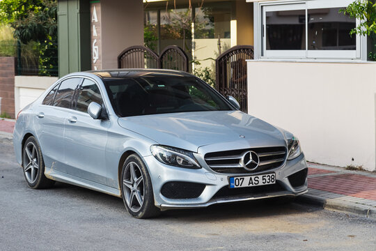  Side, Turkey -January 27, 2023:  silver Mercedes-Benz   c-class ,   front view.   New expensive  sedan made in  Germany