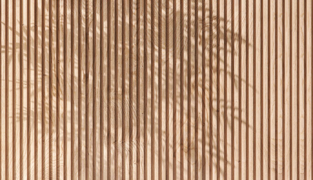 Soft and beautiful foliage dappled sunlight of tropical bamboo tree leaf shadow on brown wooden panel wall with wood grain for luxury product display, interior design decoration background 3D