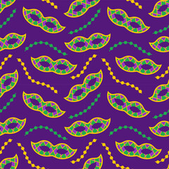 Vector Mardi Gras seamless pattern with carnival masks and beads. Carnival masks and garlands on dark purple background. Design for fat tuesday holiday, carnival and festival. Colorful pattern.