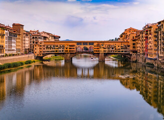 Cityscape with the famous Ponte Vecchio bridge in Centro Storico, Florence Italy