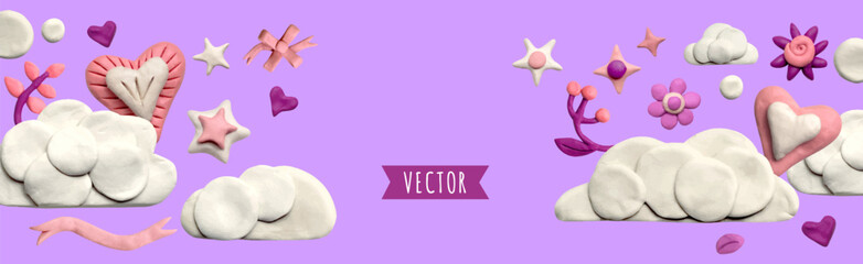banner with clouds, stars and plasticine hearts on a lilac background. Promotion and shopping template or background for love concept. 3D illustration, cute dough shape.