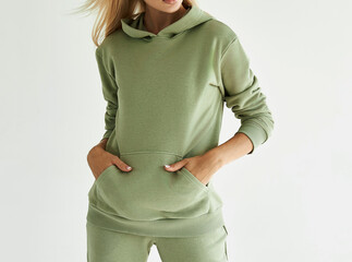 girl wears light green hoodie and pants. studio shot for sport clothing sale