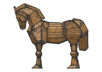 Trojan horse color sketch engraving PNG illustration with transparent background © Oleksandr Pokusai