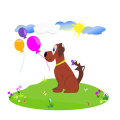 Summer day. The brown big dog holds colorful balloons.