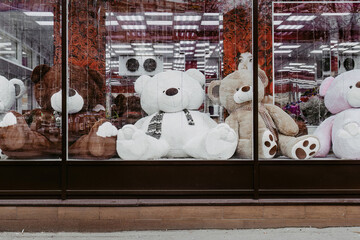 teddy bears in the toy shop window