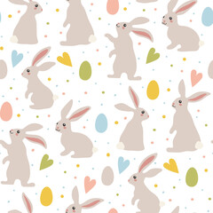A pattern of gray Easter bunnies and colored Easter eggs. Different bunnies for kids. Rabbit or hare, a spring festive animal for Easter. Cartoon simple vector character made of fabric. Packaging