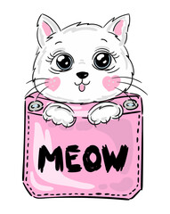 cute cat in pocket with meow text cartoon illustration