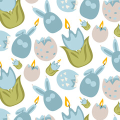 A pattern of Easter candles in the form of colored tulips, hares, eggshells in blue colors. Wax candles with a wick on a white background. Easter candles. Printing on paper and textiles Gift packaging