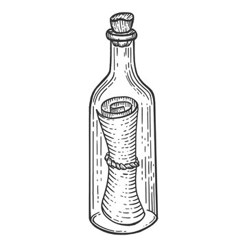 Message in bottle sketch engraving PNG illustration with transparent background