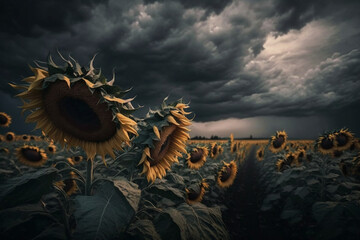 Feld voller blühender Sonnenblumen unter düsterem Gewitterhimmel. Sturm über den Feldern. Gelbe Sonnenblumen. - 567627258
