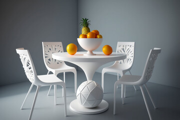 Runder Designer-Tisch mit vier Stühlen. Obstschale mit Orangen. Elegante Essgruppe in ausgefallenem Design. Lifestyle und Wohnen. - 567627259