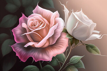 Eine rosa und eine weiße Rosenblüte in zarten Pastellfarben. Nahansicht. Valentinstag im Frühling. - 567627272
