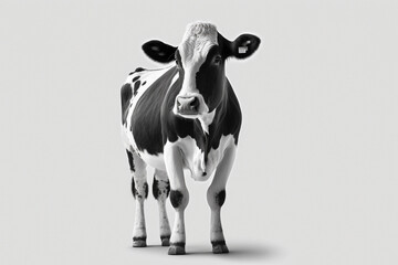 Schwarz-weiße Kuh vor weißem Hintergrund. Blick nach vorne gerichtet. Milchkuh ohne weitere Objekte.