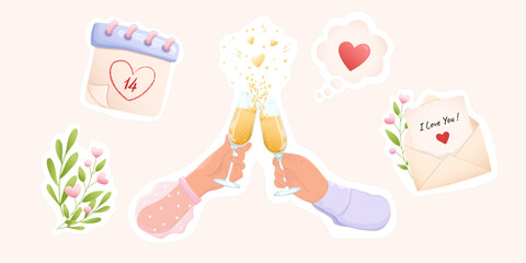 Valentine's day stickers. Hands with glasses of champagne, calendar, love mail.	