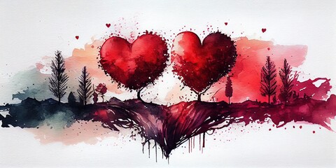 Two hearts in watercolour. Generative AI.