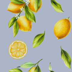 Watercolor seamless pattern with fresh ripe lemon with bright green leaves and flowers. Hand drawn cut citrus slices painting on light blue background. For designers, postcards, party Invitations