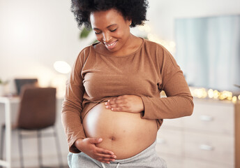 Pregnant, stomach and smile of black woman in home for maternity leave, health and wellness. Pregnancy, prenatal motherhood and female, mama or future mother touching belly with care for healthy baby - obrazy, fototapety, plakaty
