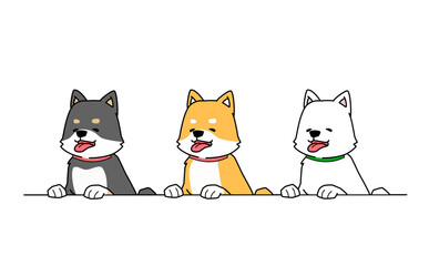 笑顔で前足を乗せる３匹の柴犬のイラスト