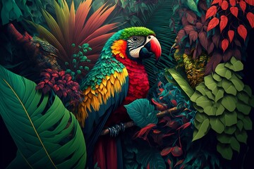 Jungle Parrot Wallpaper Background Generative AI