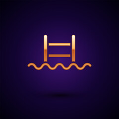 Gold Swimming pool with ladder icon isolated on black background. Vector