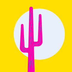 Flat abstract neon icon, sticker, button with sun, cactus.
