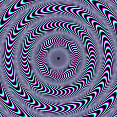 Optical art pattern of white black and cyan magenta striped circles. Psychedelic background design.
