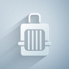 Paper cut Pet carry case icon isolated on grey background. Carrier for animals, dog and cat. Container for animals. Animal transport box. Paper art style. Vector