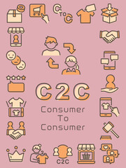 C2C（Consumer to Consumer）カラフルなラインアイコンセット