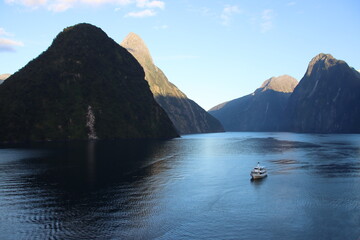 Tourist boat on Milford Sound in the South Island of New Zealand.