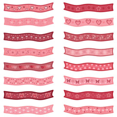 Set of pink and red holiday ribbons, banners with romantic patterns. Vector EPS  illustration for stickers, creating patterns, wallpaper, 
wrapping paper, postcards, design template, fabric, clothing.