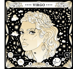 Virgo sign of the zodiac. Modern magical astrological map. Magical girl, stars, moon, constellation, hand-drawn signs. Vector illustration.