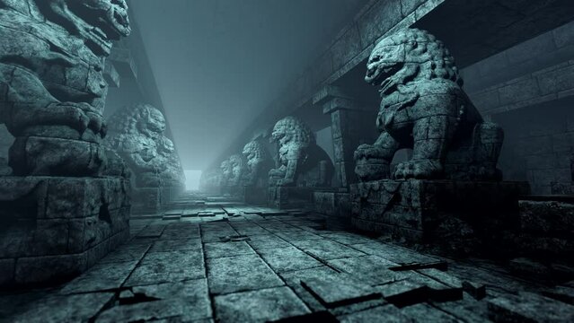 Underground corridor with stone sculptures