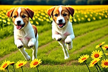 Adorable puppies jumping in a field of daisies and flowers