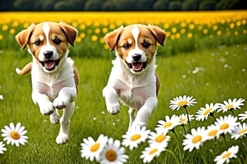 Adorable puppies jumping in a field of daisies and flowers