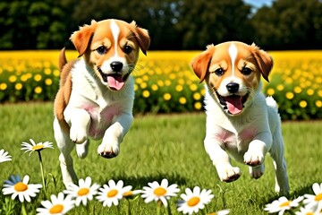 Adorable puppies jumping in a field of daisies and flowers