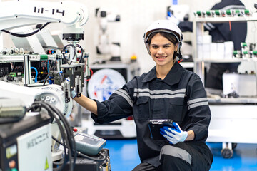 Professional young industrial factory woman employee working with machine parts putting, checking and testing industrial equipment