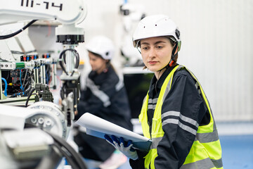 Engineer check and control welding robotics automatic arms machine in intelligent factory automotive industrial with monitoring system software. Digital manufacturing operation. Industry 4.0