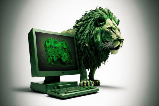 Grüner Business Löwe vor einem Computer Bildschrim, Finanzen, Erfolg, 3D, Kunst