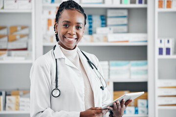 Black woman, pharmacist portrait and tablet for pills stock and health data for wellness. Happy, pharmacy worker and smile of a pharmaceutical consultant with technology ready for online storage job - obrazy, fototapety, plakaty