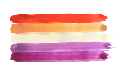 Lesbian rainbow flag. Watercolor imitation. Bright color vector illustration isolated on white background. Red, orange, white, purple, pink, textured bands. Set of grunge brushes. Lesbian pride flag.