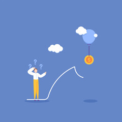 inhibition, obstacles, and challenges to be success. find out solution or answer of a problem. a businessman is thinking way to get coins on top. illustration concept design. graphic element