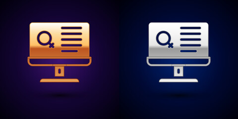 Gold and silver Dating app online laptop concept icon isolated on black background. Female male profile flat design. Couple match for relationship. Vector