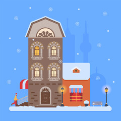 Vector illustration of a winter cityscape. Panorama of the city, winter street, man. Template for congratulations and invitations, banner, poster, postcard.