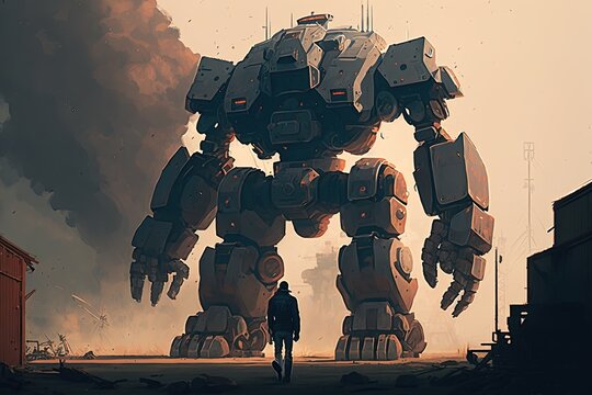 a man standing before a giant robot, digital concept, ai art, illustration, painting